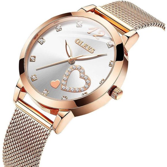 Olevs Rose Gold Mesh Strap Fashion Hearts Quartz Waterproof Watche Bracelet Sets
